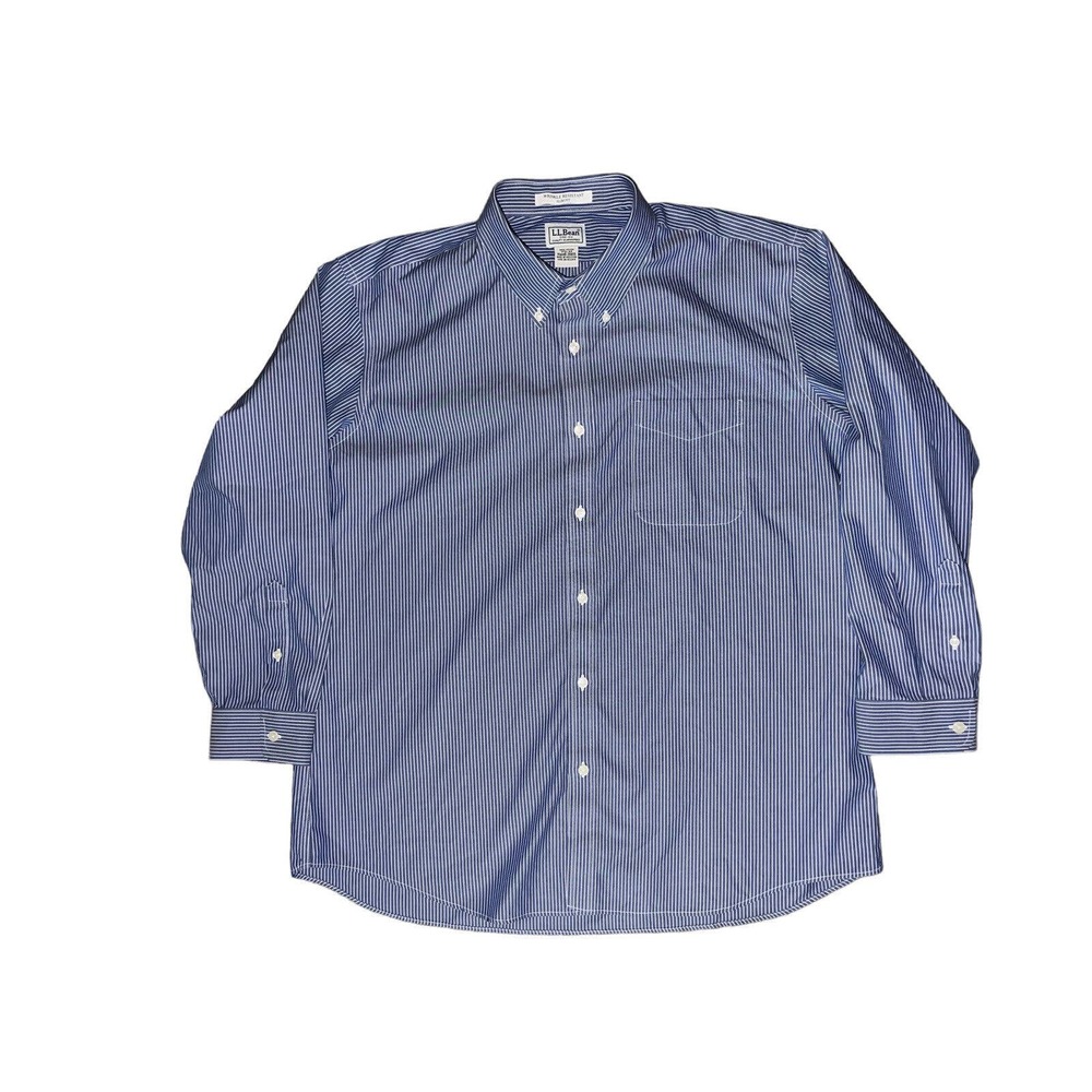 LL Bean Button Up Shirt 17.5 33 Slim Fit Adult Blue White Striped Collar Mens LS